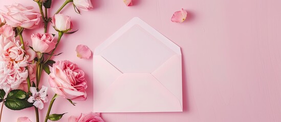 top view of an open pink envelope with a paper card along with a bouquet of pink roses on a pastel p