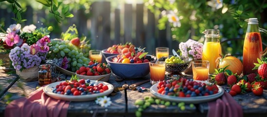 Poster - Fresh sweet and healthy summer berry dishes smoothie bowls and juices arranged on a vibrant outdoor table setting in a panoramic aspect ratio. Copy space image. Place for adding text and design