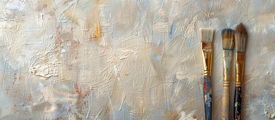 Poster - paintbrushes resting on a painted surface. Copy space image. Place for adding text and design