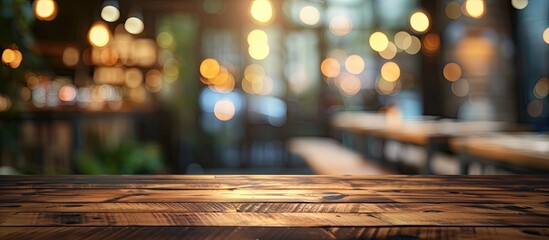 Poster - focused empty brown wooden table with a blurred coffee shop or restaurant background featuring bokeh