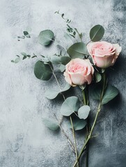 Wall Mural - This trendy bouquet features delicate pink roses alongside fresh eucalyptus leaves, elegantly arranged on a concrete surface. Generative AI