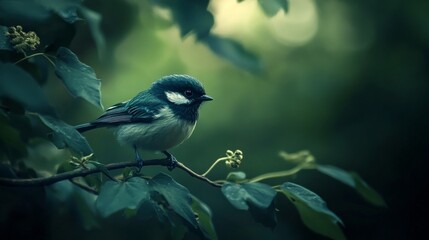 Wall Mural - Coal Tit on dark green background.