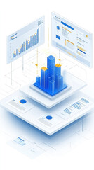 Poster - A computer screen shows a 3D model of a building with a blue and white background. The building is surrounded by a series of blue and yellow bars, which represent different data points