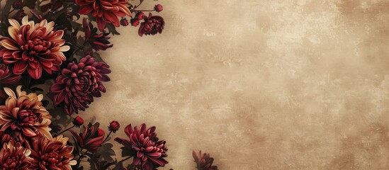 Poster - textured vintage paper backdrop featuring dark red spray chrysanthemum. copy space image. place for 