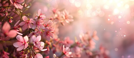 Poster - Unfocused spring flowers blurred cherry blossoms of spring toned bokeh floral backdrop soft pastel card. Copy space image. Place for adding text and design