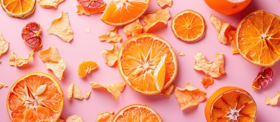 Juicy ripe oranges and tangerines with dried orange chips scattered on a pink background Fruit chips Healthy eating idea snack no added sugar Top view copy space