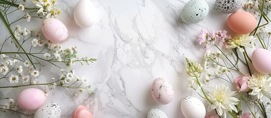 Wall Mural - Easter eggs and lovely flowers arranged on a white marble table flat lay Room for text. Copy space image. Place for adding text and design