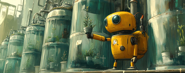 Poster - A robot is holding a plant in a pot. The robot is yellow and is standing in front of a row of green containers