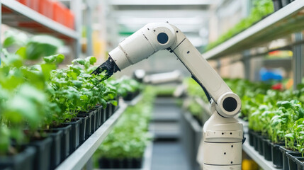 Poster - A robot is tending to a row of plants in a greenhouse. The robot is white and has a long arm that is reaching out to a plant. The plants are green and are growing in pots