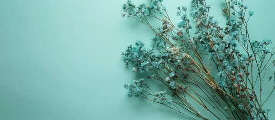 Sticker - Composition of flowers Arrangement of dried blue flowers on a green background Flat lay top view copyspace Minimalism