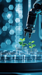 Poster - a robot is watering plants in a lab. the plants are in small glass containers and the robot is using