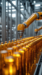 Poster - A robot is working on a line of bottles. The bottles are all the same color and are lined up in a row. The robot is focused on its task and he is working efficiently