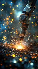 Poster - A robot is cutting through a pile of rocks. The sparks from the cutting process create a bright and colorful scene
