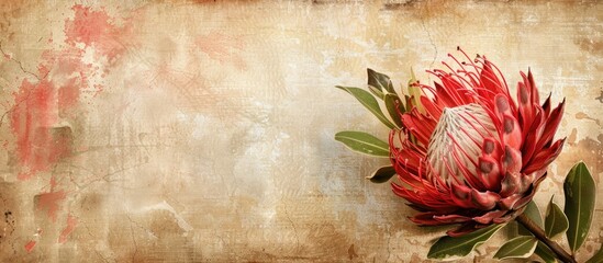 Canvas Print - textured vintage paper background featuring a red pincushion protea flower. Copy space image. Place for adding text and design