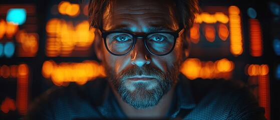 Poster - Close-Up Portrait of a Man with Glasses and a Beard in Blue and Orange Light