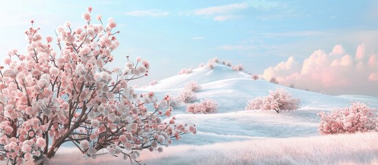 Wall Mural - Almond blossoms in full bloom with a hill in the background. Copy space image. Place for adding text and design