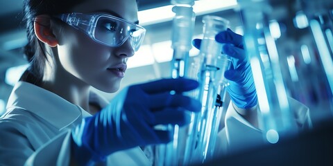 Wall Mural - Female researcher with blue gloves pouring liquid into a test tube.