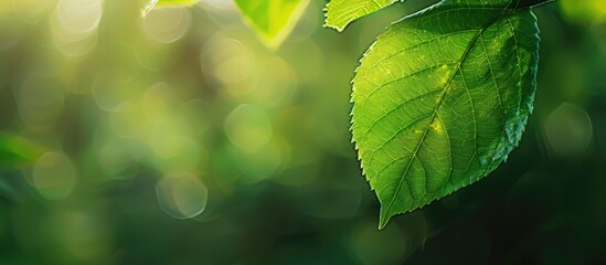 Wall Mural - Close up view of a green leaf with a blurred green backdrop in the garden featuring copy space and natural bokeh in daylight This conveys a calming color and fresh ambiance ideal for a background or