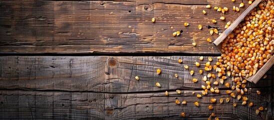 Poster - Split corn on a wooden background top view with copy space