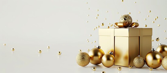 Poster - Golden Christmas gift box with Christmas ornaments on a white background. Copy space image. Place for adding text and design