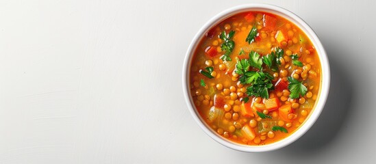 Poster - Bowl of lentil soup with vegetables on a white background Top view Copy space