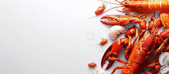 Food frame featuring crustaceans for dinner lobster red lobster crayfish and crabs. Copy space image. Place for adding text and design