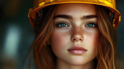 Poster - Portrait of a young woman wearing a construction helmet.