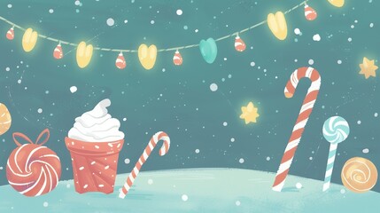 Illustration of a snowy Christmas night with candy, cake and lights, background in pastel colors