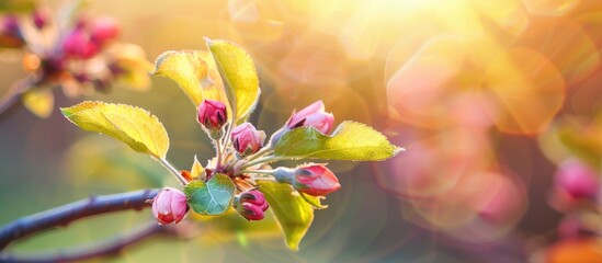 Canvas Print - Spring leaves on an apple tree twig Young buds are clearly visible on the branch The background is beautifully blurred Apple tree buds display spring colors on a sunny day. Copy space image