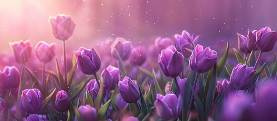 Poster - Tulips Tulipa Bakeri Lilac Wonder blooming in a spring meadow. Copy space image. Place for adding text and design