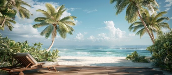 Wall Mural - Typical tropical setting beach vacation relaxation on a sunny day at a coastal resort featuring palm trees a wooden path deckchairs and an ocean backdrop with no one present. Copy space image