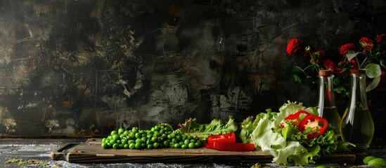 Canvas Print - Organic vegetarian ingredients for a salad featuring lettuce sweet pepper and frozen peas on a rustic wooden cutting board against a dark vintage backdrop with flowers Healthy eating or diet nutritio