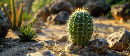 Wall Mural - Small green cactus in a desert garden. Copy space image. Place for adding text and design