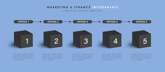 Wall Mural - Infographic template and 5 options or steps. 3d black cubes. Workflow layout, diagram, banner, webdesign. Vector illustration