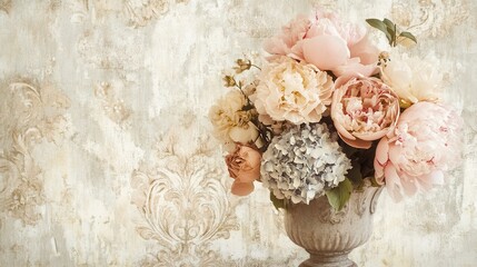 Poster - A bouquet featuring peonies and hydrangeas in muted colors sits elegantly in an antique vase, adding charm to the decor. Generative AI