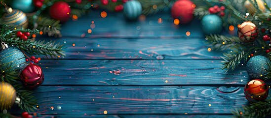 Wall Mural - Christmas backdrop featuring fir tree branches adorned with colorful balls and garland Copy space