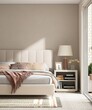 © Sue Tansirimas - Modern cream colored bed with bedside table, lamp in minimal, cozy bedroom in sunlight from window for luxury interior design decoration, product display background 3D