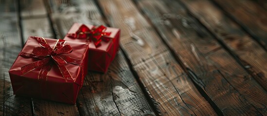 Poster - Christmas gifts close up on a wooden table with copyspace