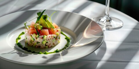 Canvas Print - Tuna and avocado tartare served in a ceramic dish on a bright, white table on a sunny day. A creamy tuna and avocado tartare highlighted on a dining establishment's menu. An appetizer combining tuna