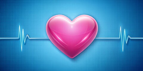 Pink heart with ECG trace on blue backdrop, symbolizing love and health