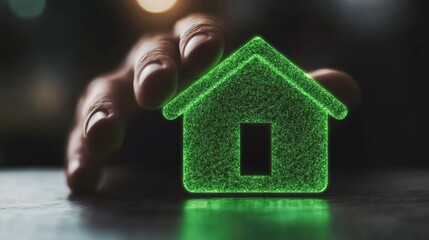 Wall Mural - A hand reaching out to touch a glowing green smart home icon surrounded by connected lines and tech symbols forming a digital home network The background shows a blurred cozy home interior with soft l