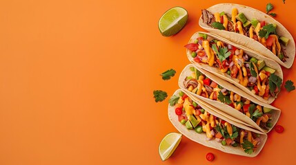 Wall Mural - mexican tacos, amazing, orange gradient background, no lime, copy space generative ai