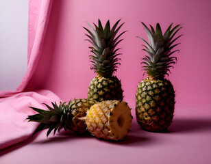 Wall Mural - Fresh Pineapples Closeup on White Background for Food and Beverage Use