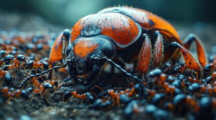 Wall Mural - A large orange beetle surrounded by numerous small ants.