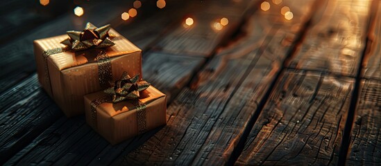 Poster - Christmas gifts close up on a wooden table with copyspace