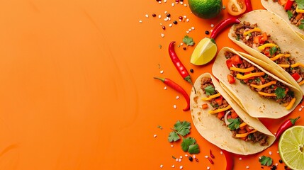 Wall Mural - mexican tacos, amazing, orange gradient background, no lime, copy space generative ai