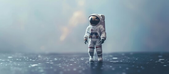 Wall Mural - Plastic toy astronaut figure against a silver background with copy space Concept of off Earth travel private space missions and sustainability