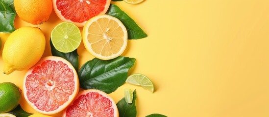 Poster - Creative background featuring summer tropical fruits and leaves including grapefruit orange tangerine lemon and lime set against a pastel yellow backdrop Food concept Flat lay top view copy space