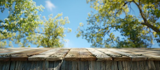 weathered wooden roof out of focus trees blue sky rural living ecological idea. Copy space image. Place for adding text and design