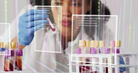 Poster - Analyzing blood samples, scientist with test tubes over digital data and coding animation